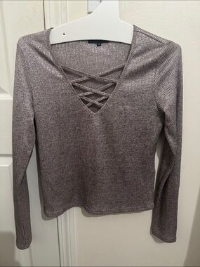 New Look Heathered Crisscross Long Sleeve Top - Gray/Purple